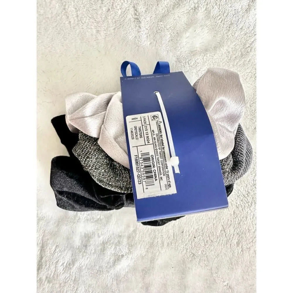 Set of three hair scrunchies black velvet bow, silver, glitter, & silver satin -